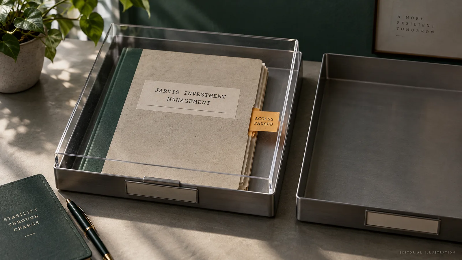 Editorial illustration of a fictional Jarvis Investment Management folio behind a clear barrier beside an empty tray; not a real client record or evidence of lost assets.