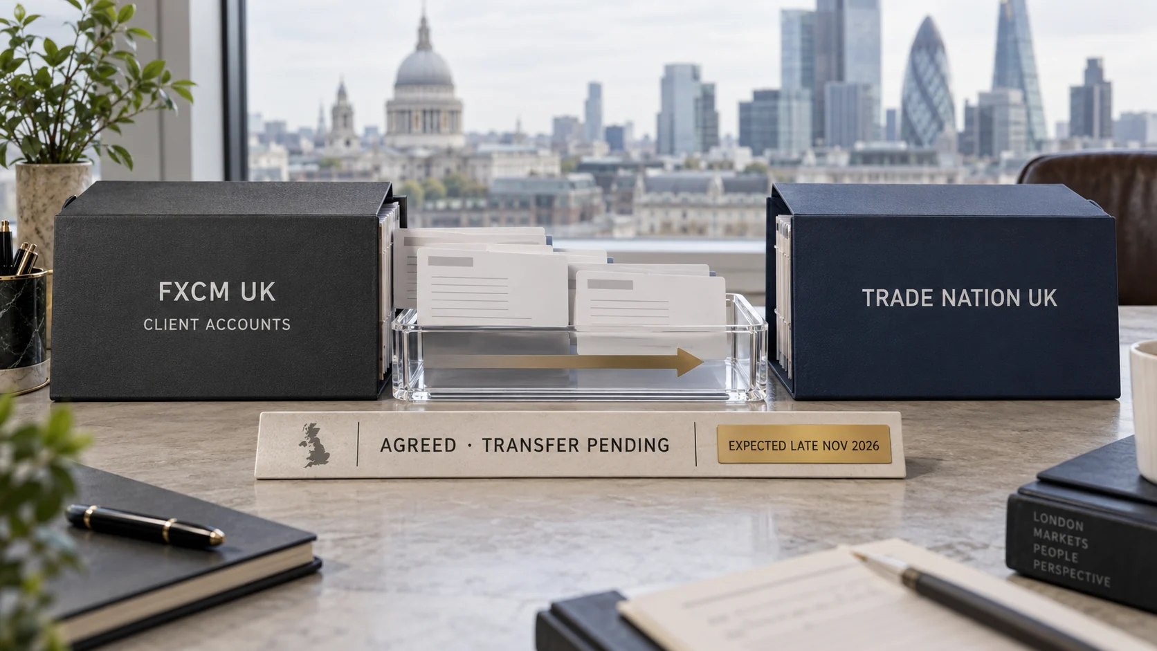 On a London financial desk, anonymised FXCM UK client-account files move through a pending transfer tray toward a Trade Nation UK folder